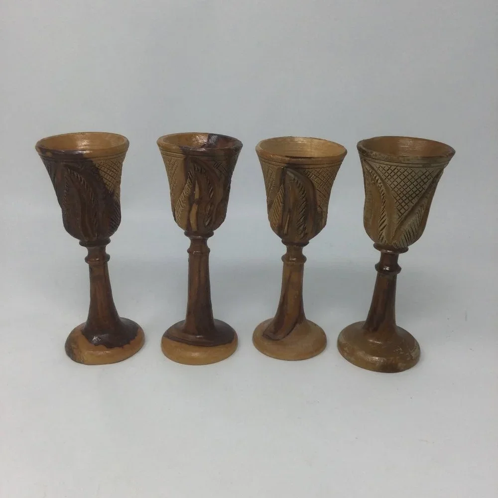 4 Vintage Wood Hand Carved Goblets Small